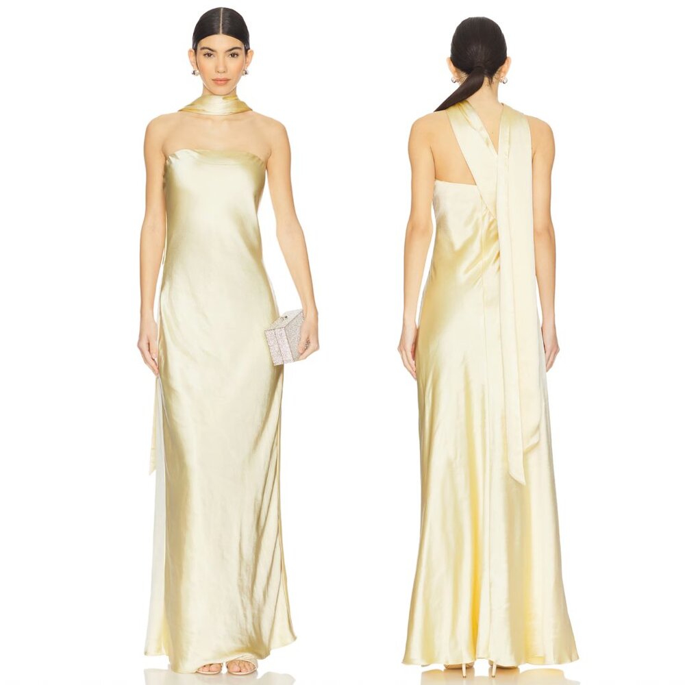 MISHA Lilia Gown in Soft Light Yellow Satin Formal Maxi Dress XS